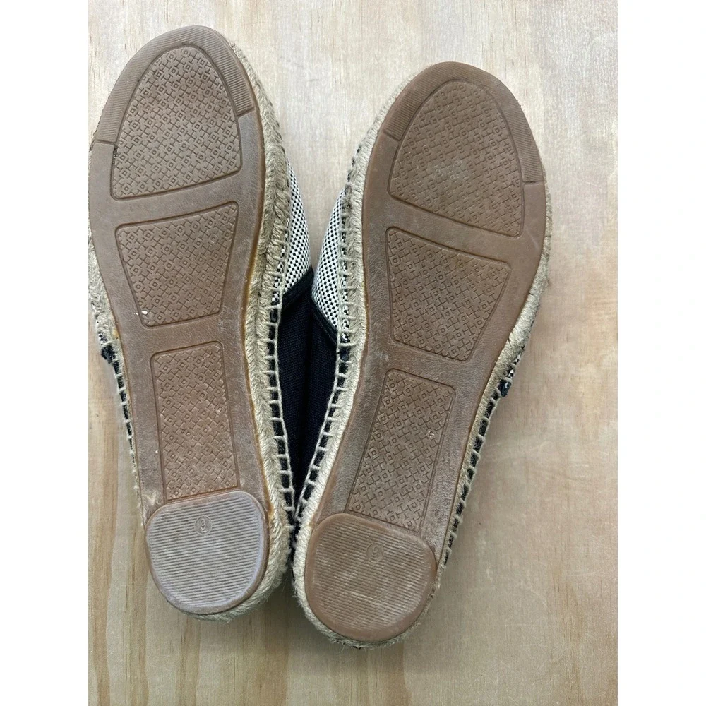 Tory Burch Canvas Logo Espadrille Flats Black White Woven Slip On Shoes 9M
